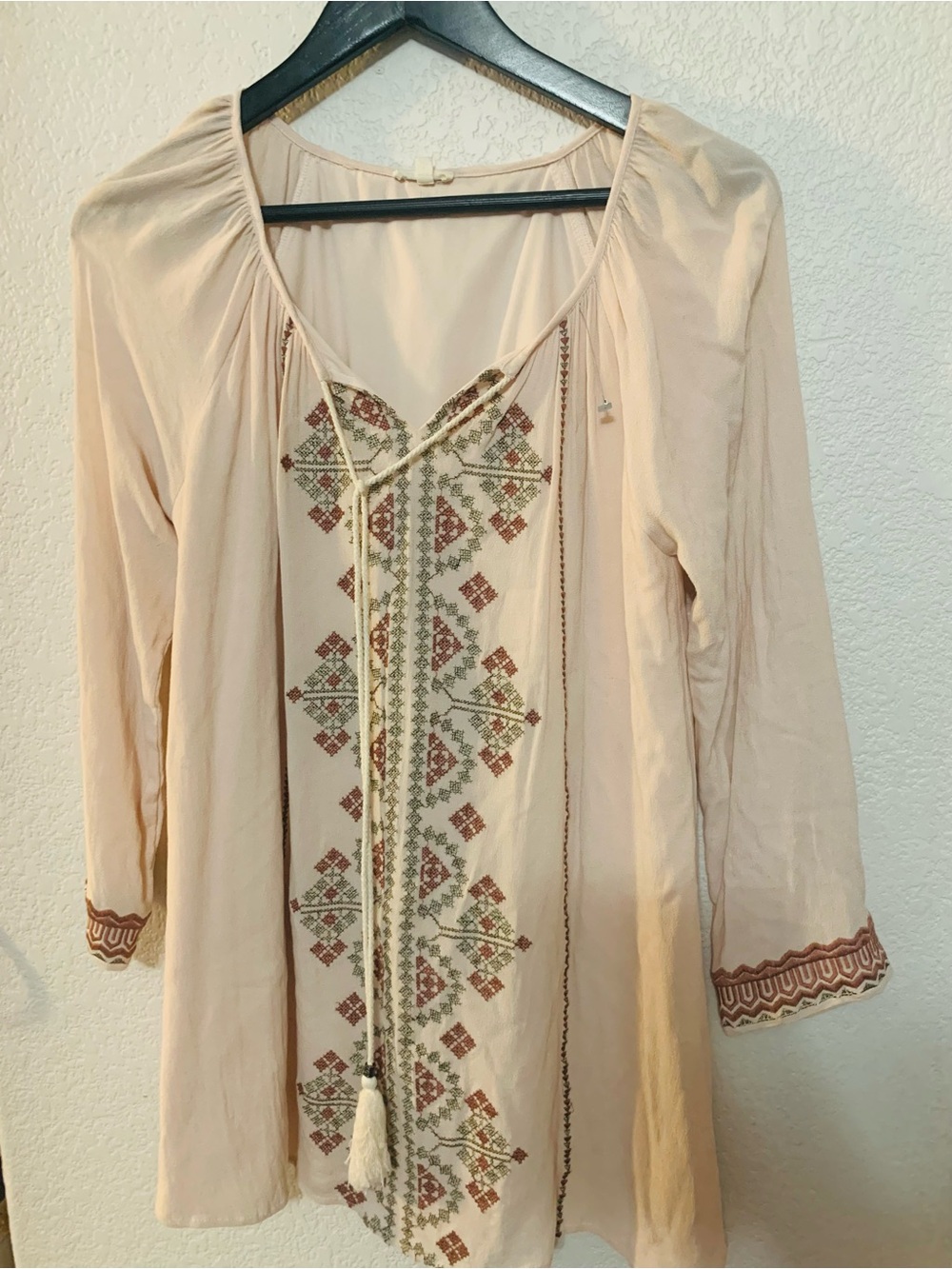 Embroidered Boho Peasant Top — Blush Pink